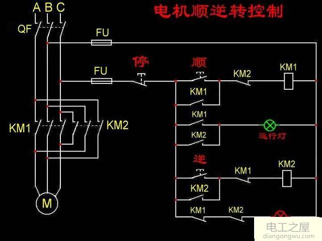 電機(jī)正反轉(zhuǎn)帶顯示燈控制電路